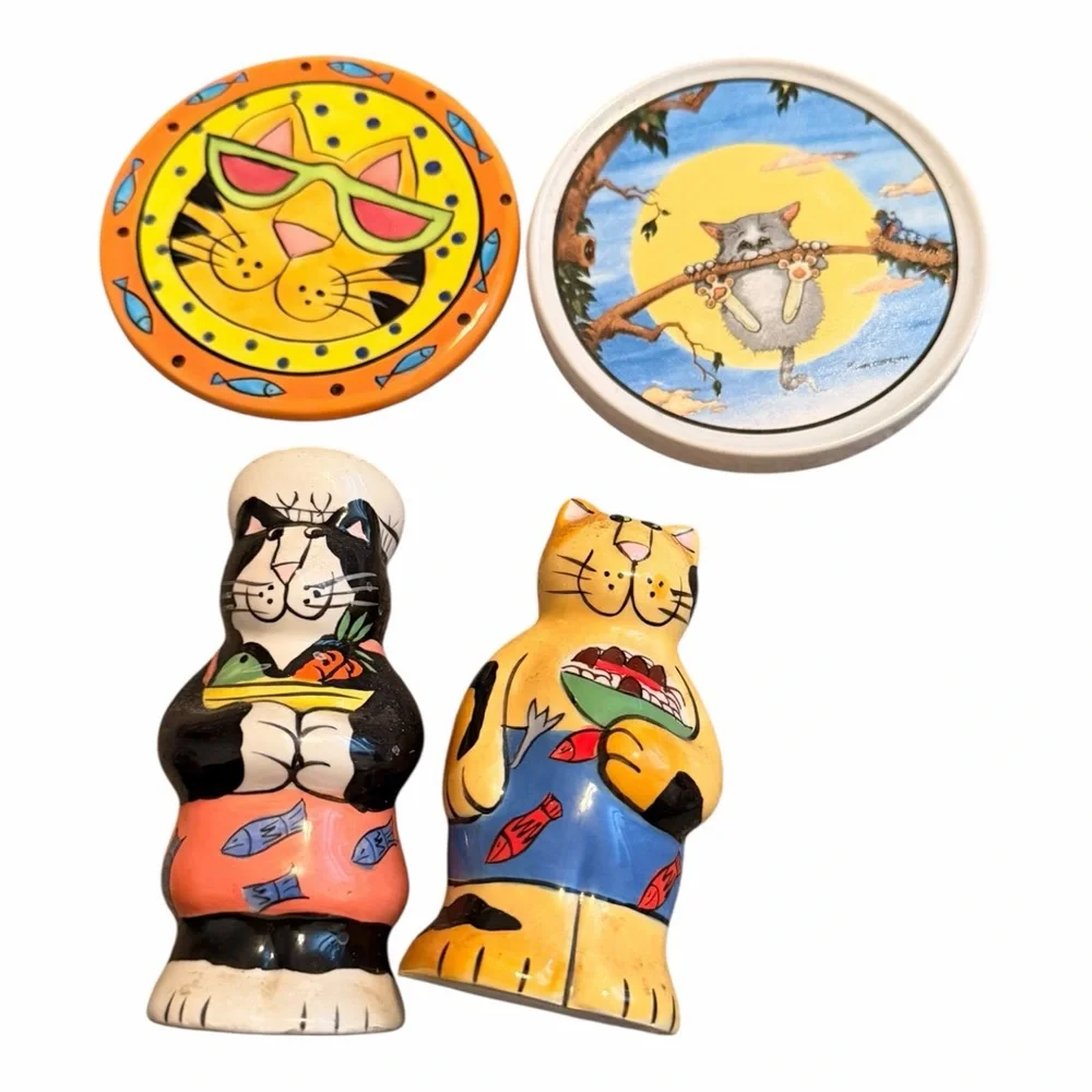 Whimsical Clay Design Cat Figurines Set + Gary Patterson Cat Coasters A